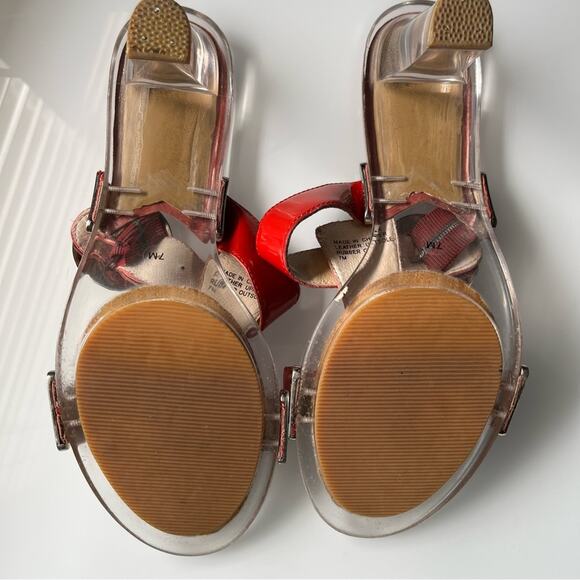 Michael Kors• Red Leather Sandals Platform Heels Silver Buckled Clear Heel - Picture 8 of 13